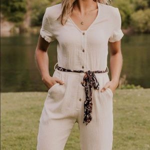 Roolee button down white jumpsuit with floral tie